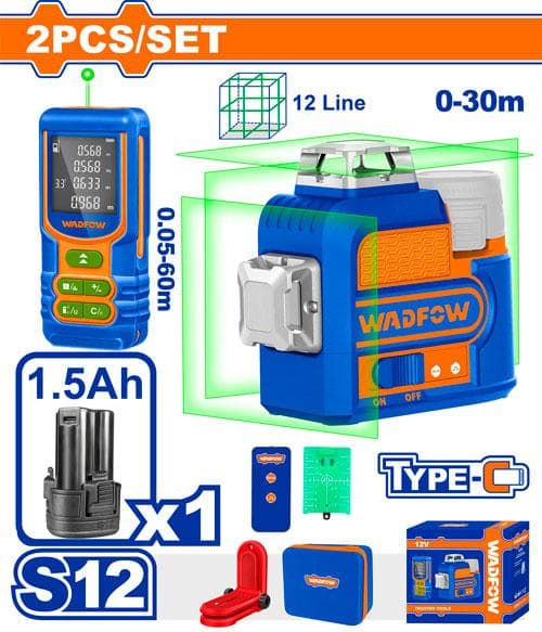 BAT - COMBO NIVEL LASER WADFOW 12V 1.5AH 360° 30MTS + MEDIDOR DISTANCIA