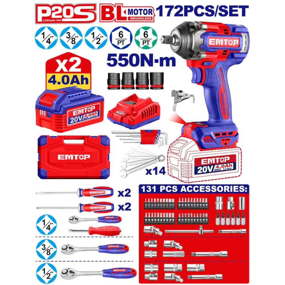 BAT - COMBO LLAVE IMPACTO EMTOP 20V 1/2 + ACC 172PZS