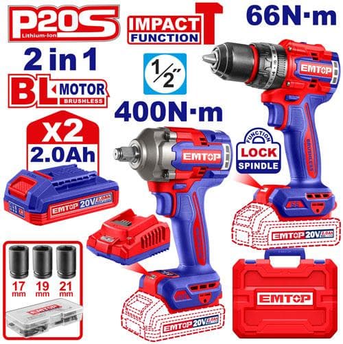BAT - COMBO ATORNILLADOR TAL.EMTOP 20V 13MM + LLAVE IMPAC 1/2 BRUSHLESS