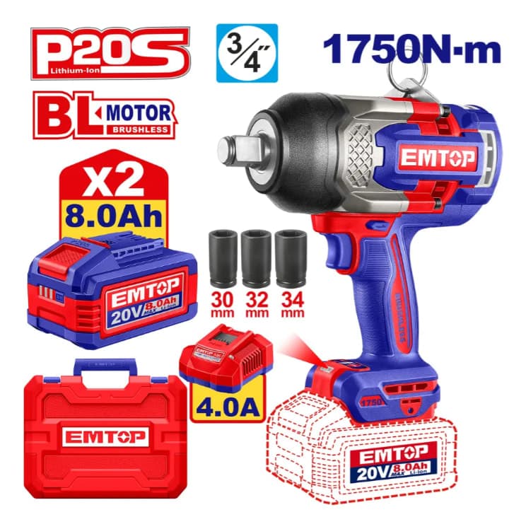 BAT - LLAVE IMPACTO EMTOP 20V 3/4 1CAR+2BAT 8AH